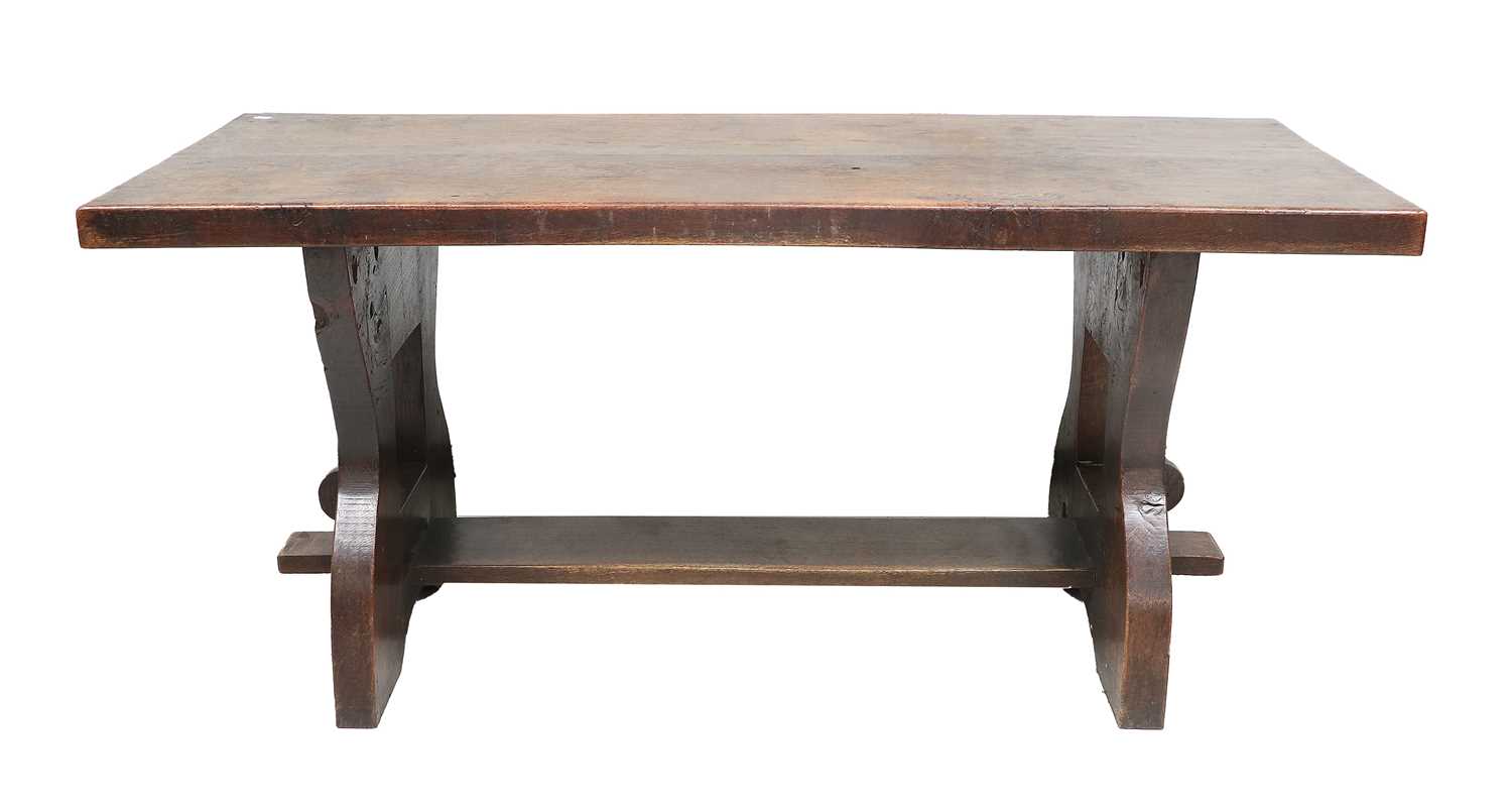 A Solid Oak Refectory-Style Dining Table, 20th century, the rectangular top above trestle end - Image 3 of 6