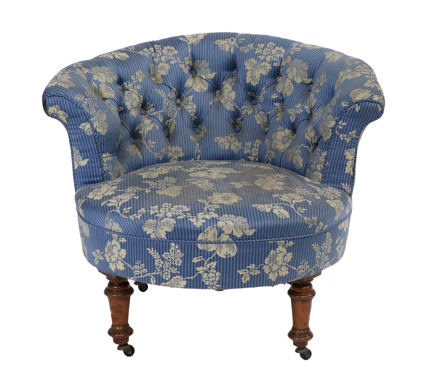 A Victorian Walnut Tub-Shape Nursing Chair, circa 1870, recovered in blue and gold floral buttoned - Image 2 of 2