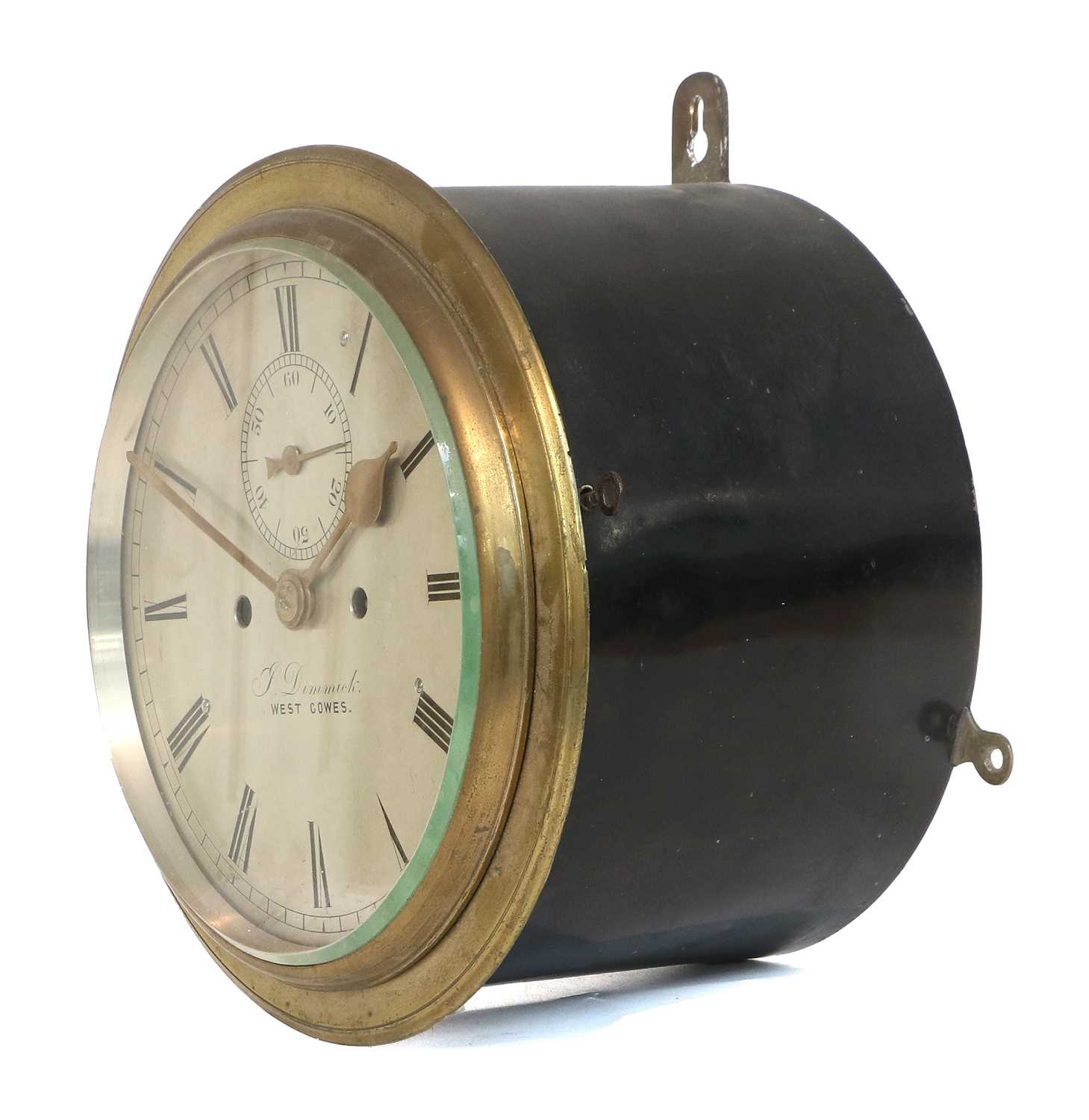 A Ships Type BulkHead Striking Wall Clock, signed J Dimmick, West Cowes, circa 1890, brass cast - Image 4 of 16