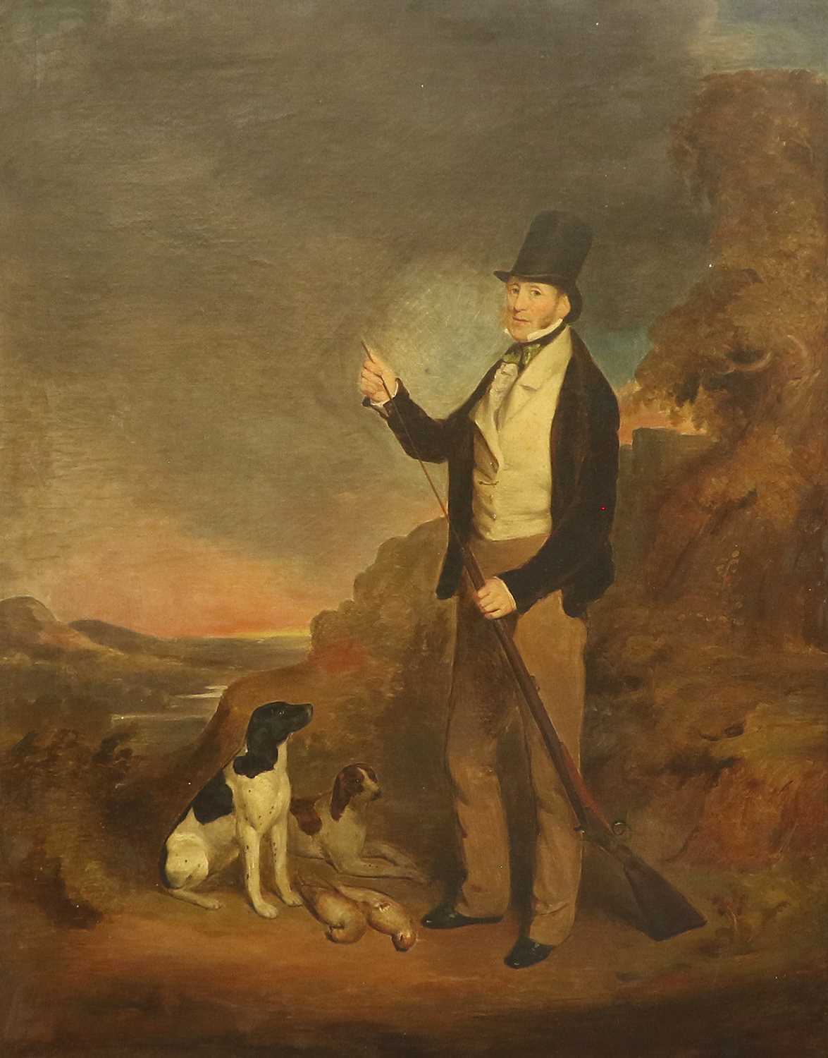 British School (19th Century) Standing sportsman with attendant Pointers and the catch before a