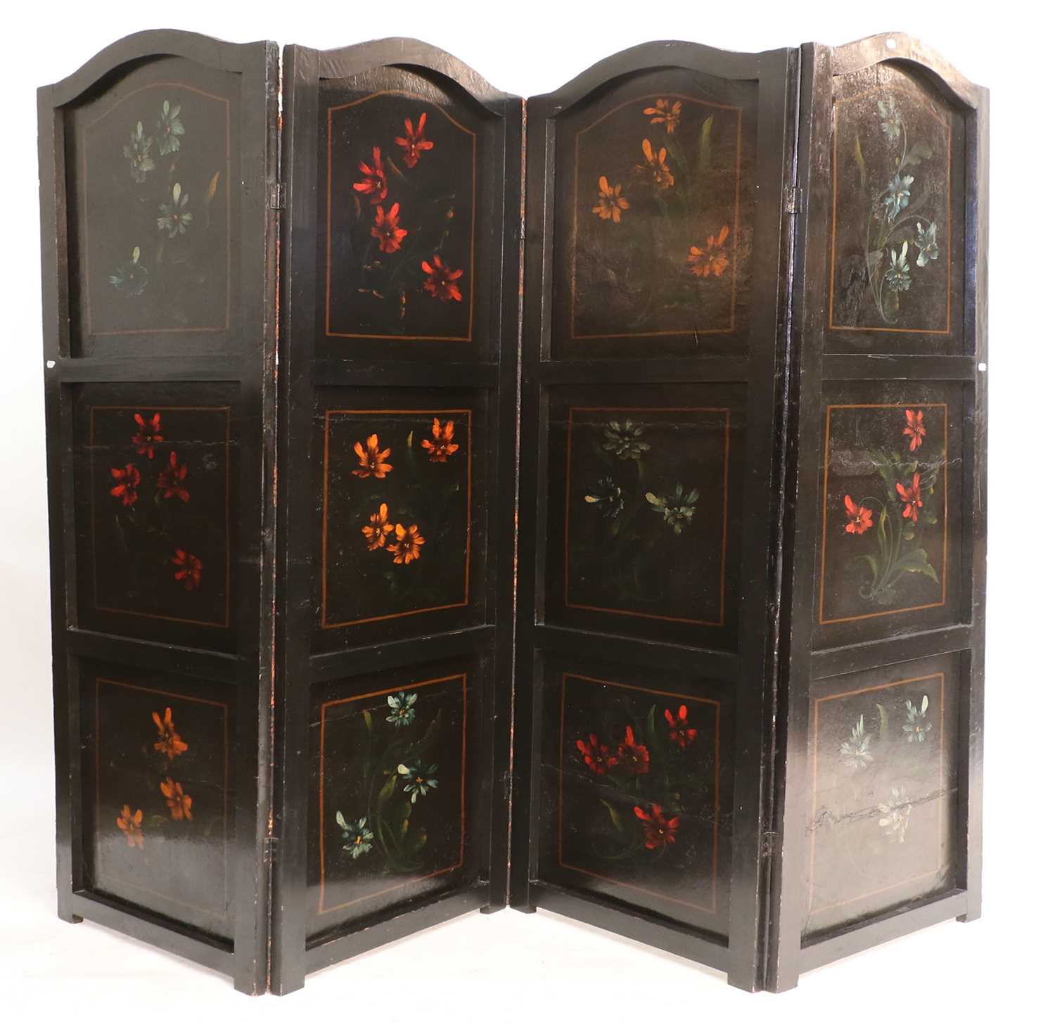 A Victorian Four-Leaf Close-Nailed and Painted Dressing Screen, mid 19th century, one side painted - Image 4 of 4