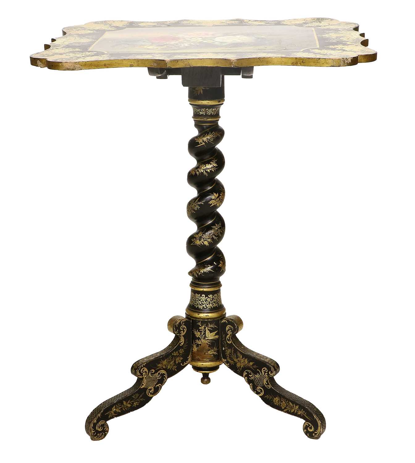 A Victorian Ebonised, Parcel-Gilt and Floral-Painted Tripod Table, 2nd half 19th century, the - Image 2 of 11
