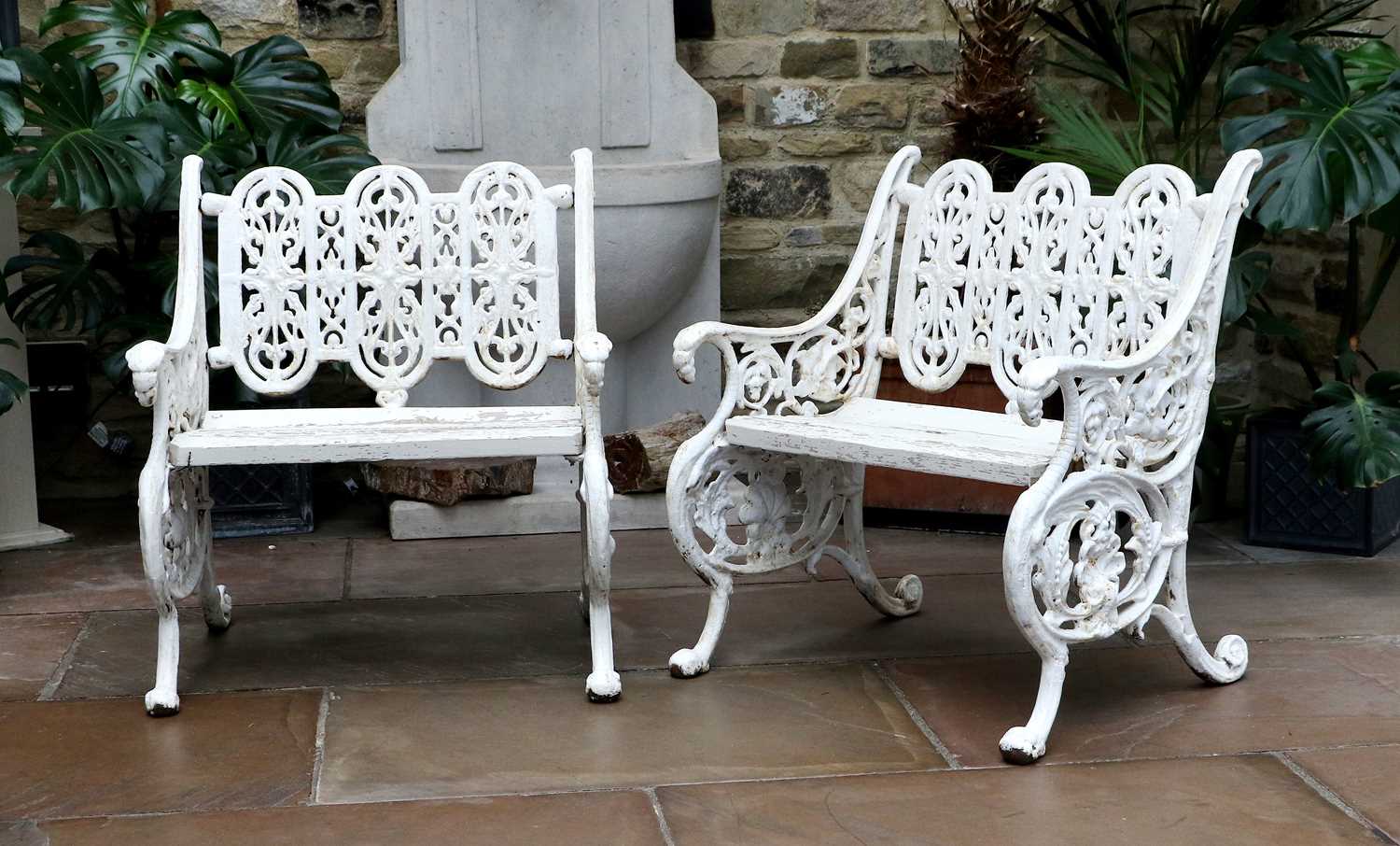 A Victorian Cast Iron and Later Painted Three Piece Garden Set, late 19th century, the foliate - Image 2 of 4