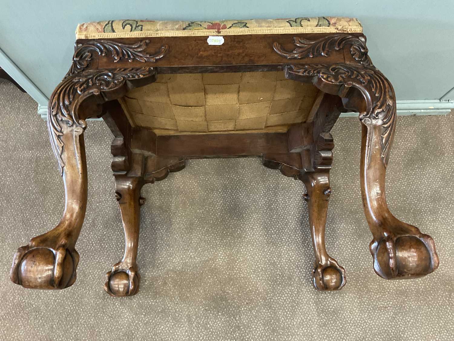 A George III Carved Mahogany Dressing Stool, late 18th century, covered in floral needlework, with - Image 8 of 12