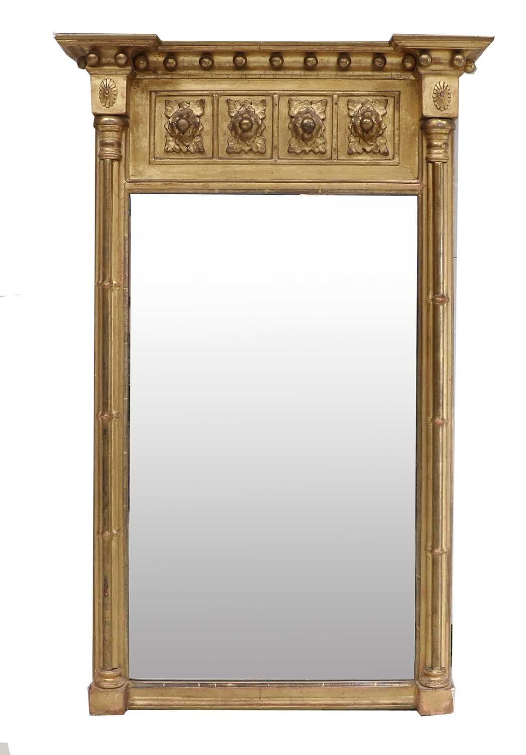 A Regency Gilt and Gesso Pier Glass, early 19th century, the later plain mirror plate between