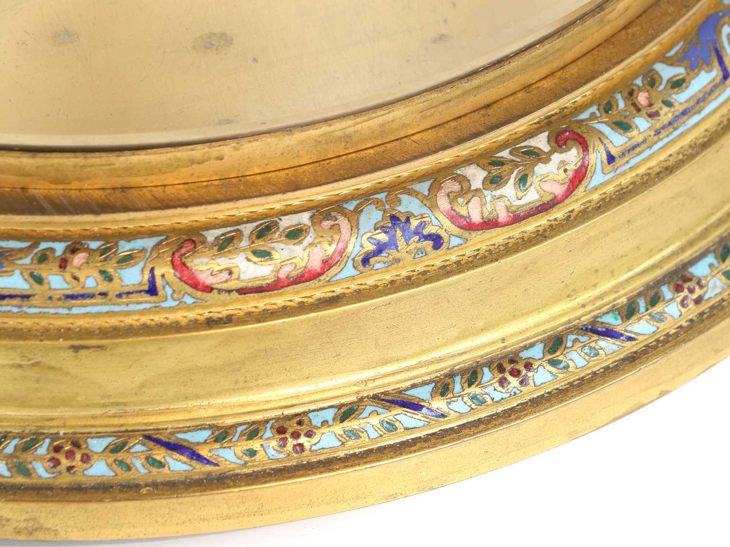 A French Oval Shaped Brass and Champleve Enamel Striking Mantel Clock, circa 1900, oval shaped - Image 6 of 6