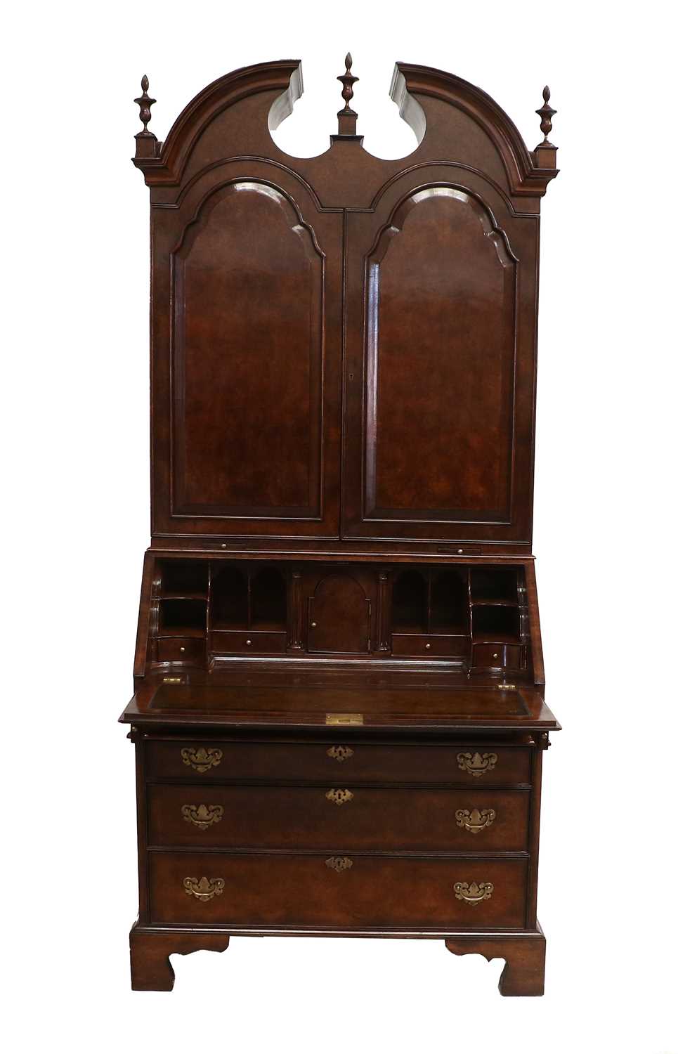 A Queen Anne-Style Burr Walnut, Crossbanded and Featherbanded Bureau Bookcase, modern, the scroll