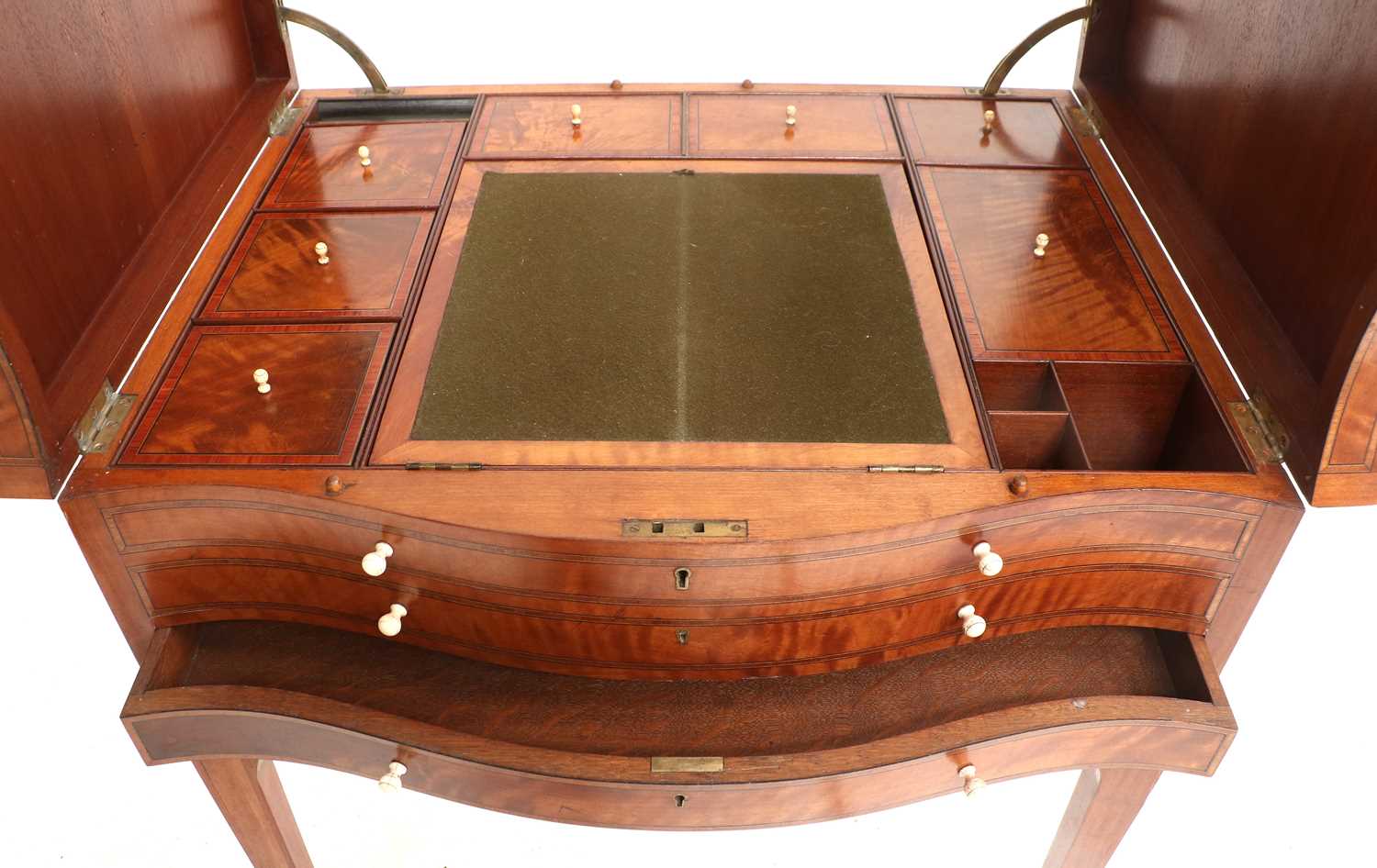 A George III Satinwood, Tulipwood-Banded and Marquetry-Inlaid Serpentine Dressing Table, early - Image 4 of 12
