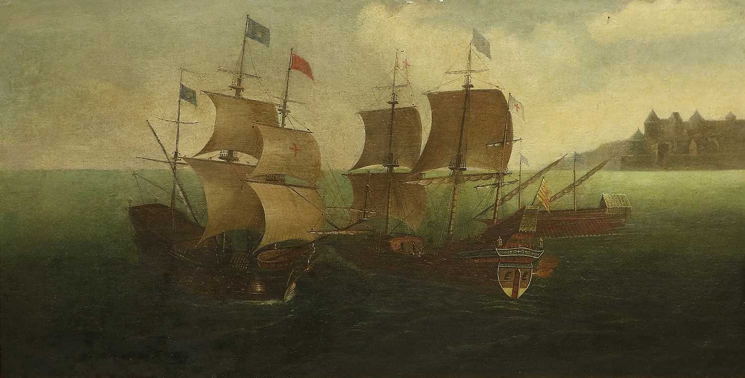 Style of Jan van Leyden (1509-1536) Dutch Warships off the coast Oil on canvas, 46.5cm by 93cm A