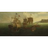 Style of Jan van Leyden (1509-1536) Dutch Warships off the coast Oil on canvas, 46.5cm by 93cm A