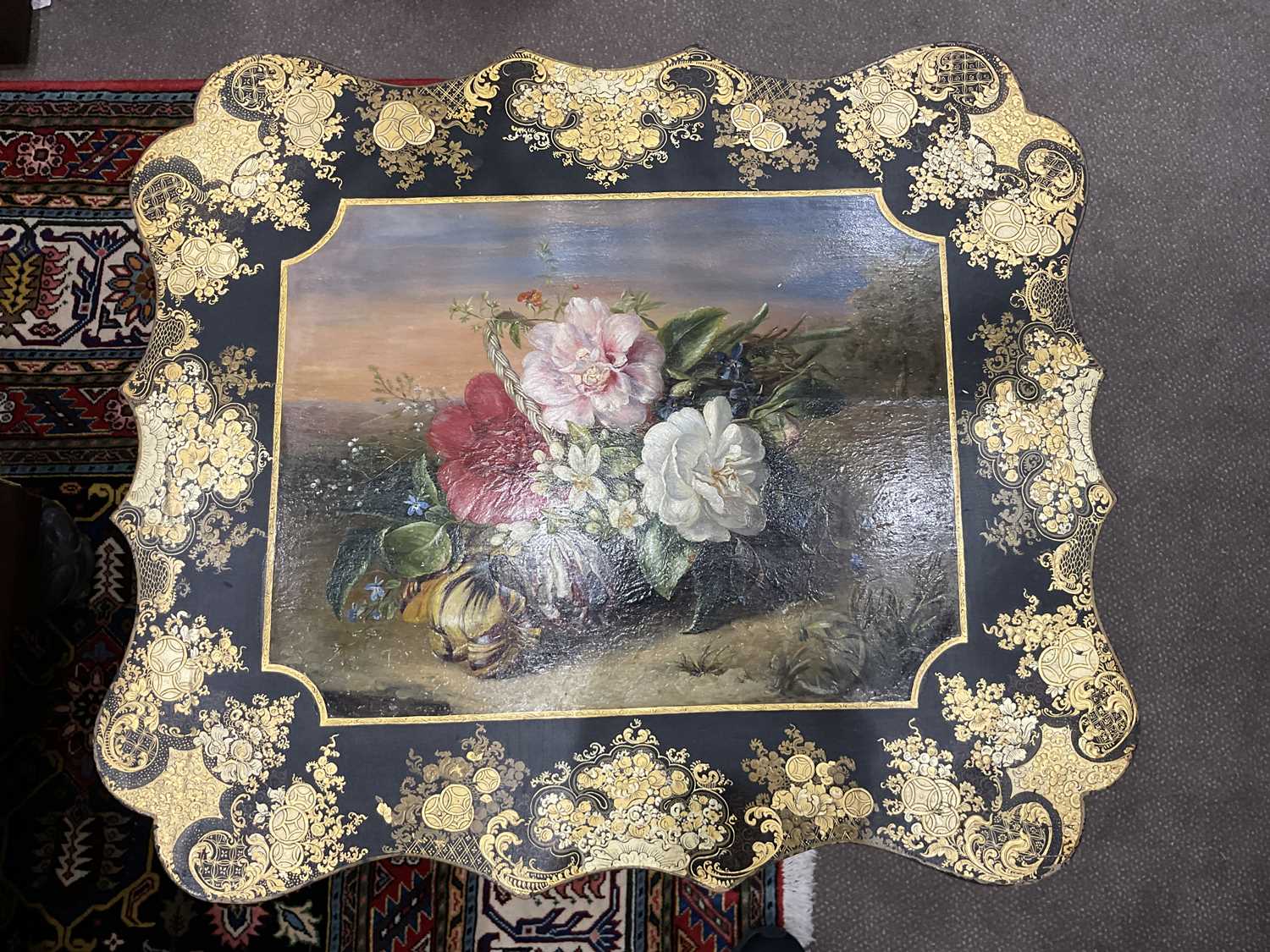 A Victorian Ebonised, Parcel-Gilt and Floral-Painted Tripod Table, 2nd half 19th century, the - Bild 9 aus 11