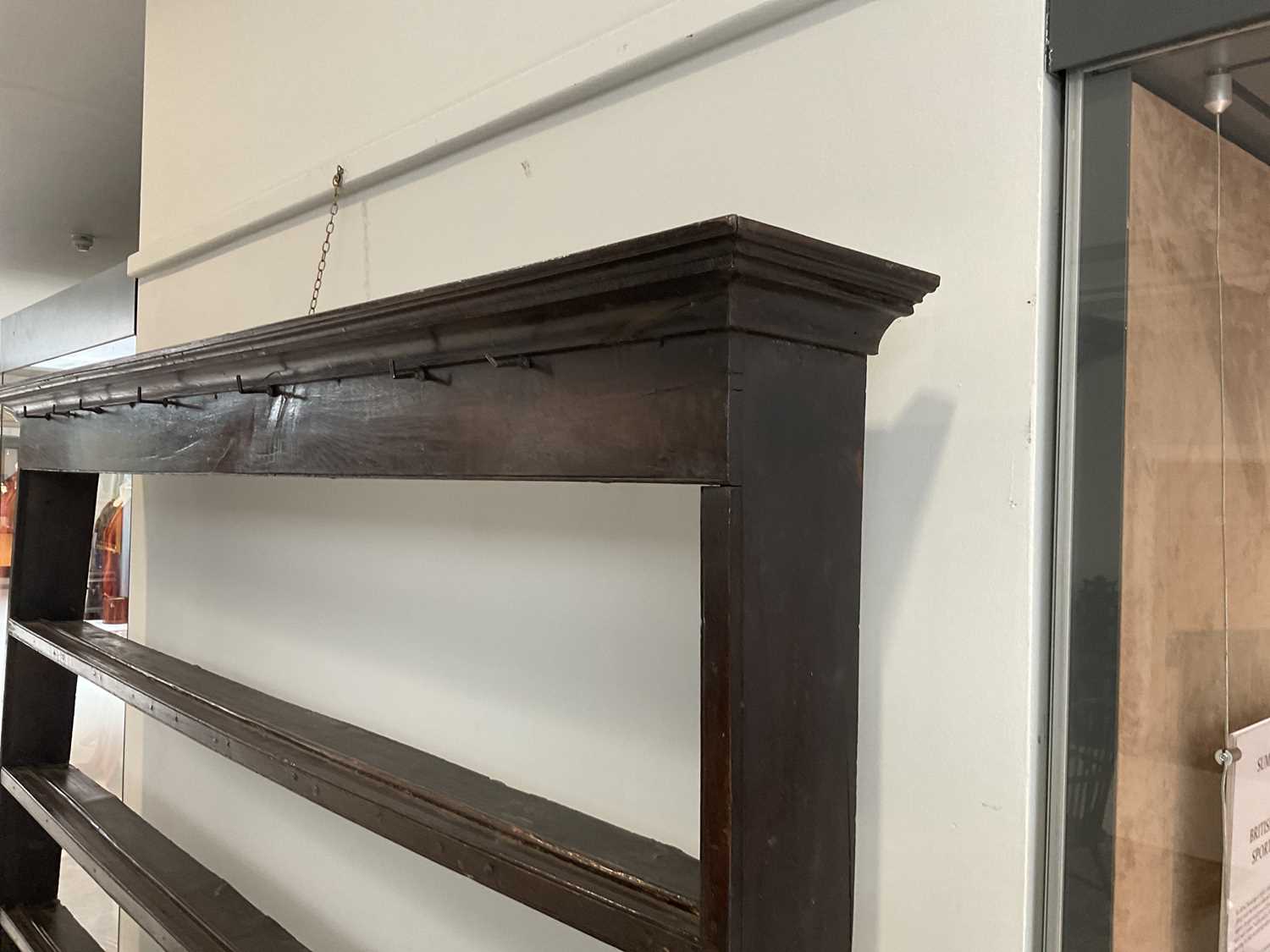 A George III Oak Dresser and Rack, 3rd quarter 18th century, the moulded cornice above iron cup - Image 6 of 15