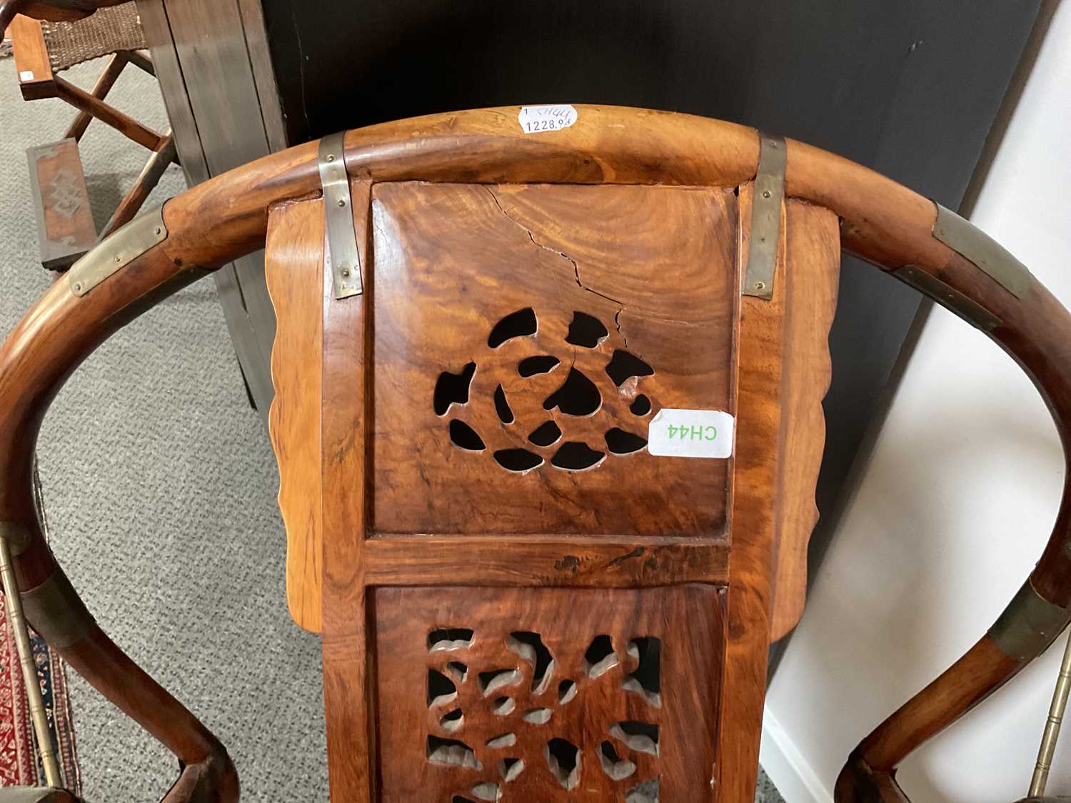 A Pair of 20th Century Chinese Hardwood Horseshoe-Back Folding Chairs, each with metal bands and - Image 8 of 16