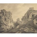 Michael Angelo Rooker ARA (1743-1801) Kenilworth Castle Signed, watercolour en grisaille, 22.5cm