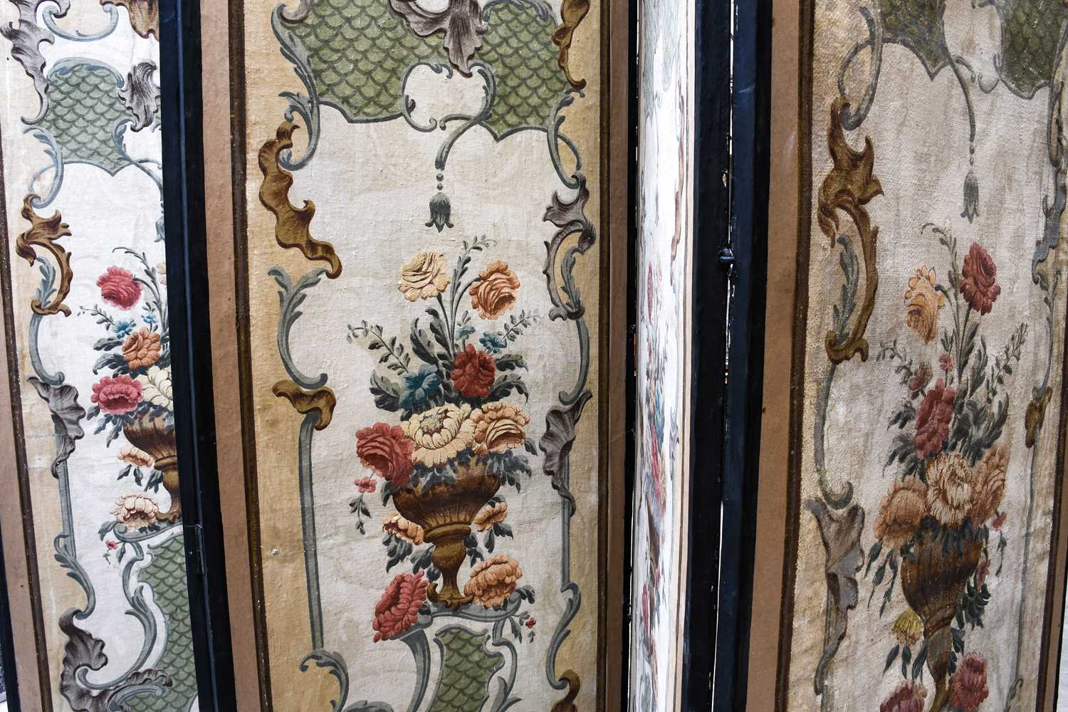 A 19th Century Ebonised and Parcel-Gilt Six-Leaf Dressing Screen, each panel painted both sides - Image 2 of 11