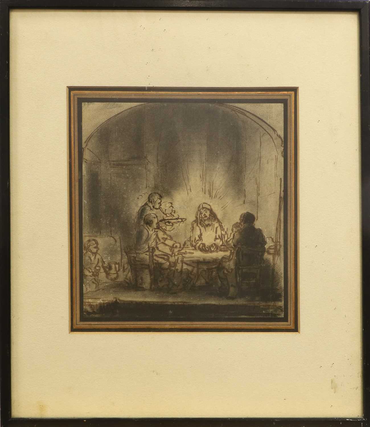 Follower of Rembrandt (1606-1669) Dutch Supper at Emmaus Ink and wash, 19cm by 18cm A flat, even - Image 2 of 10
