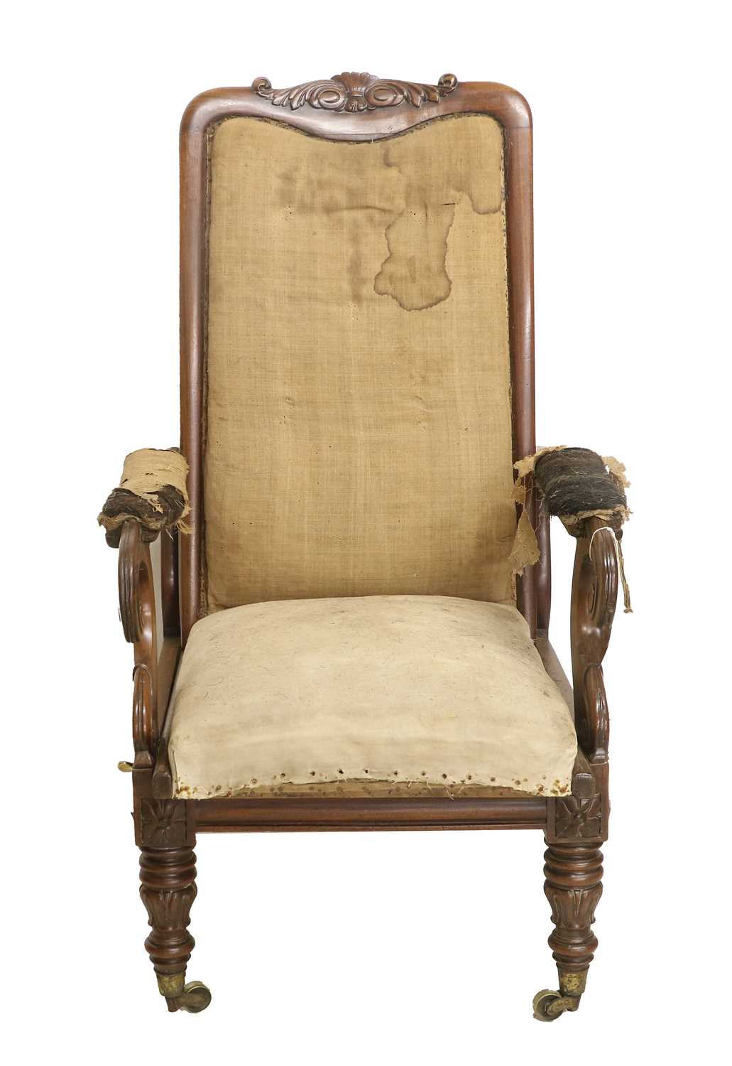 A William IV Carved Mahogany Reclining Library Armchair, 2nd quarter 19th century, part-covered in - Image 3 of 3