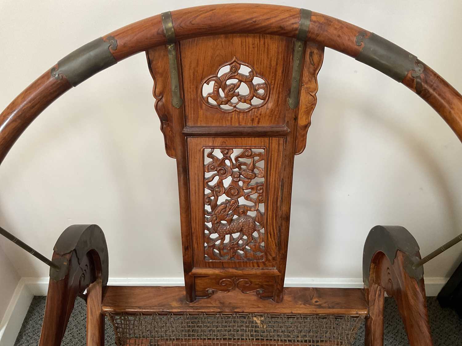 A Pair of 20th Century Chinese Hardwood Horseshoe-Back Folding Chairs, each with metal bands and - Image 4 of 16