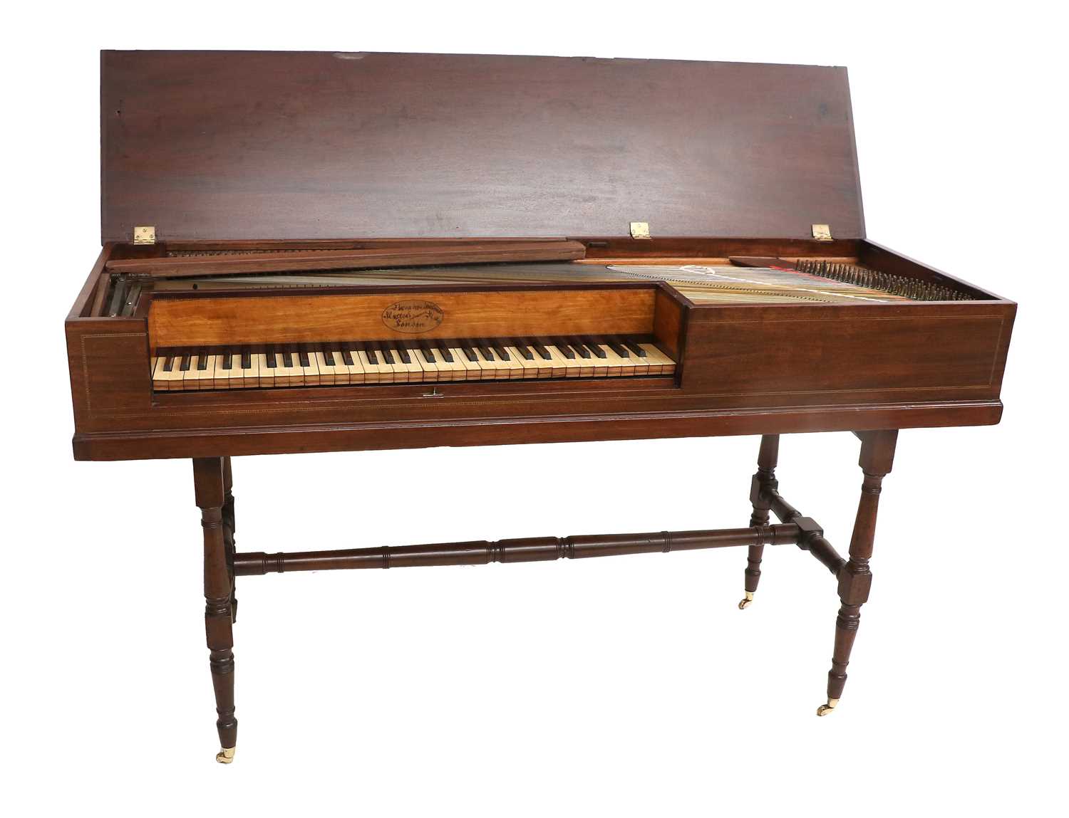 A George III Mahogany and Parquetry-Decorated Square Piano, circa 1800, the hinged lid enclosing a
