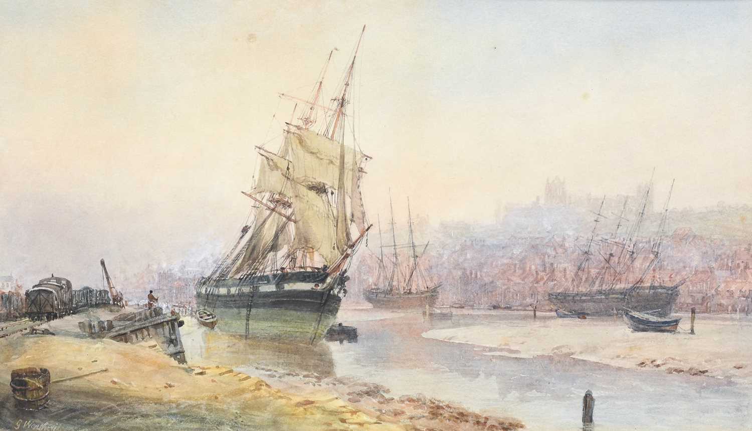 George Weatherill (1810-1890) Low Tide, Whitby Harbour Signed, watercolour heightened with white,