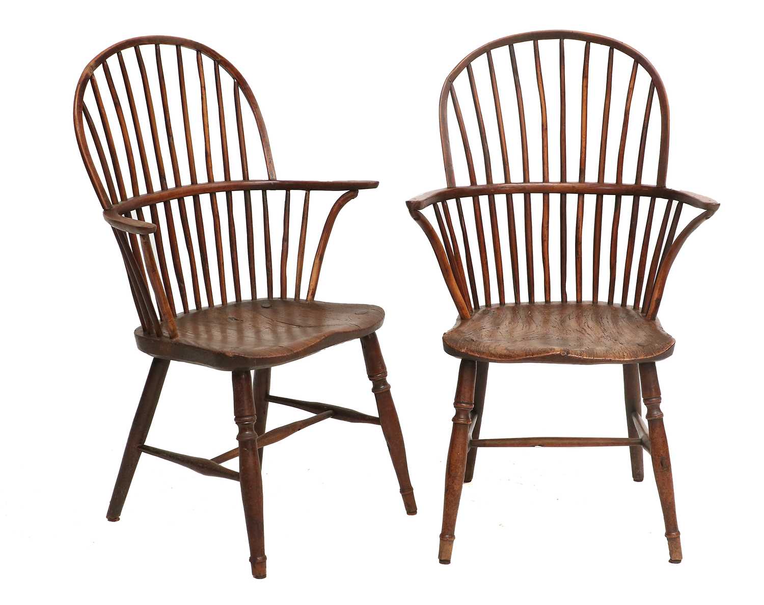 A Pair of Mid 19th Century Yew Windsor Armchairs, with double spindle back supports and curved