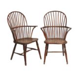 A Pair of Mid 19th Century Yew Windsor Armchairs, with double spindle back supports and curved