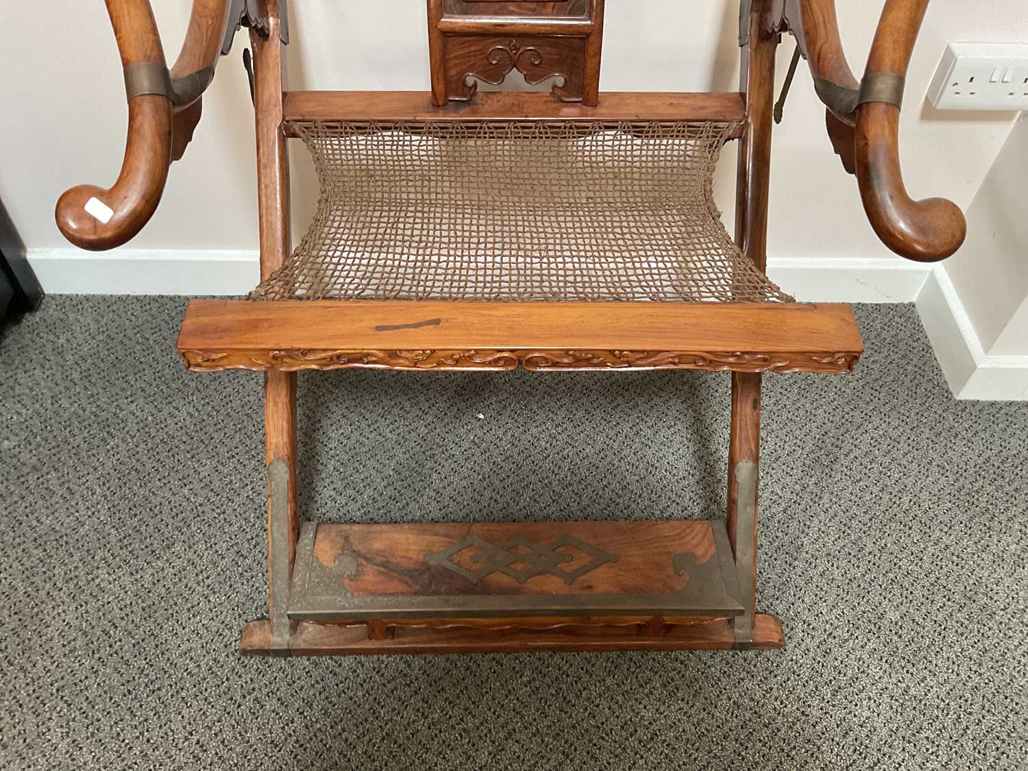 A Pair of 20th Century Chinese Hardwood Horseshoe-Back Folding Chairs, each with metal bands and - Image 5 of 16