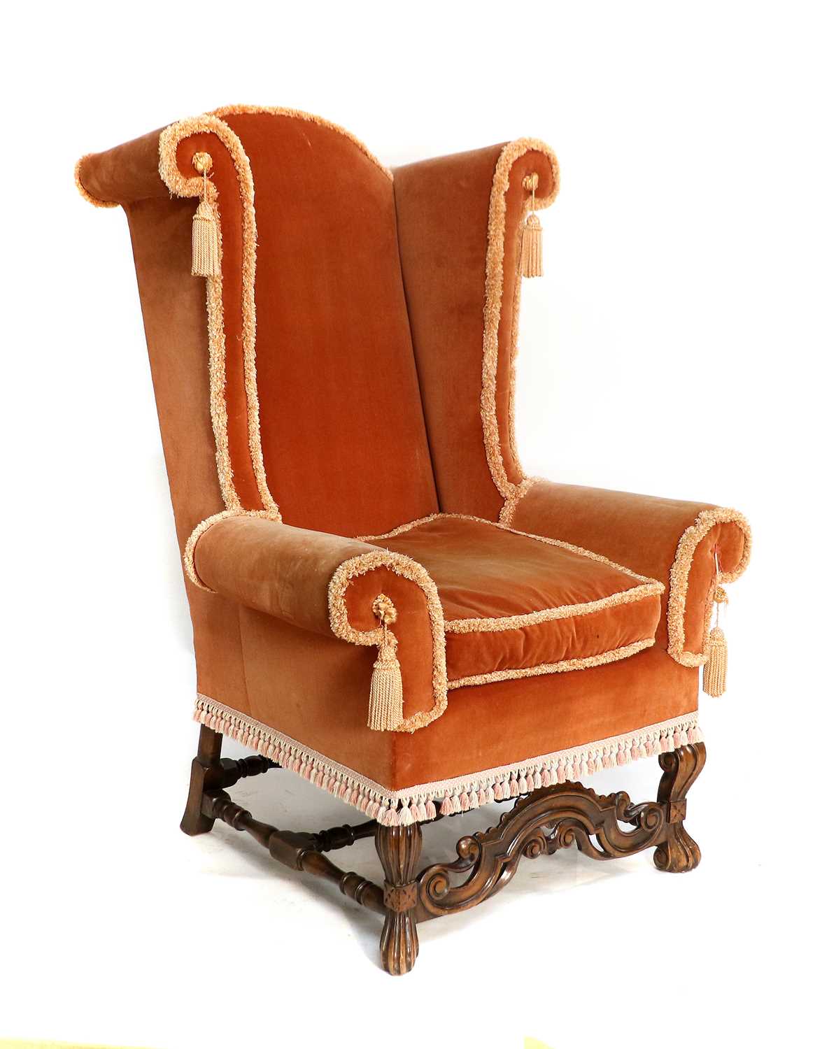 A William & Mary-Style Walnut-Framed Armchair, late 19th/early 20th century, recovered in pink