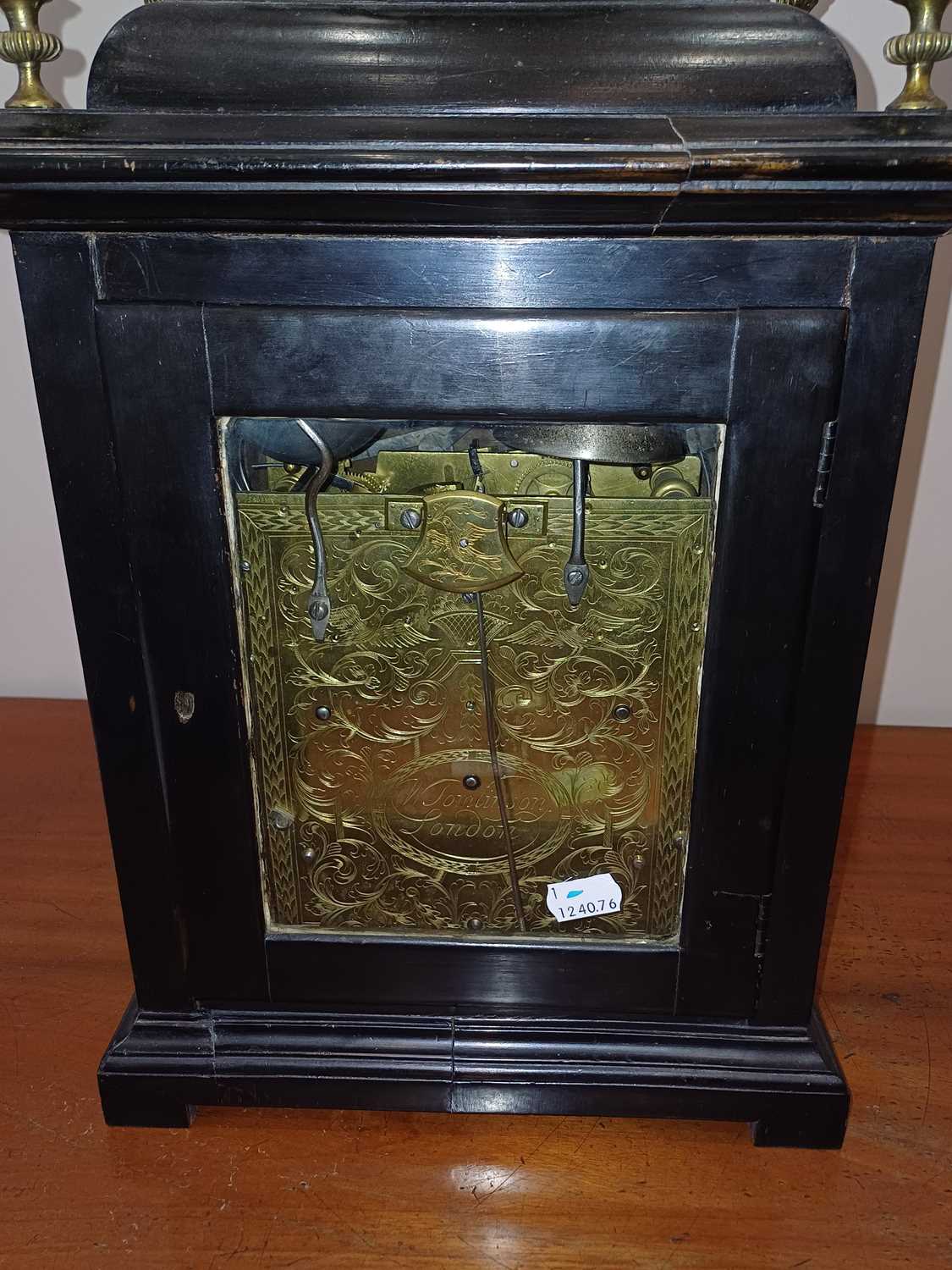 An Ebonised Chiming Table Clock, signed W Tomlinson, London, early 18th century, inverted bell top - Image 18 of 25