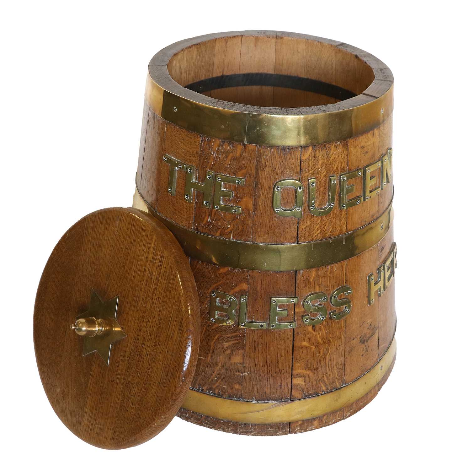 A Brass-Mounted Coopered Oak Naval Rum-Tub, applied with The Queen God Bless Her 34cm by 51cm