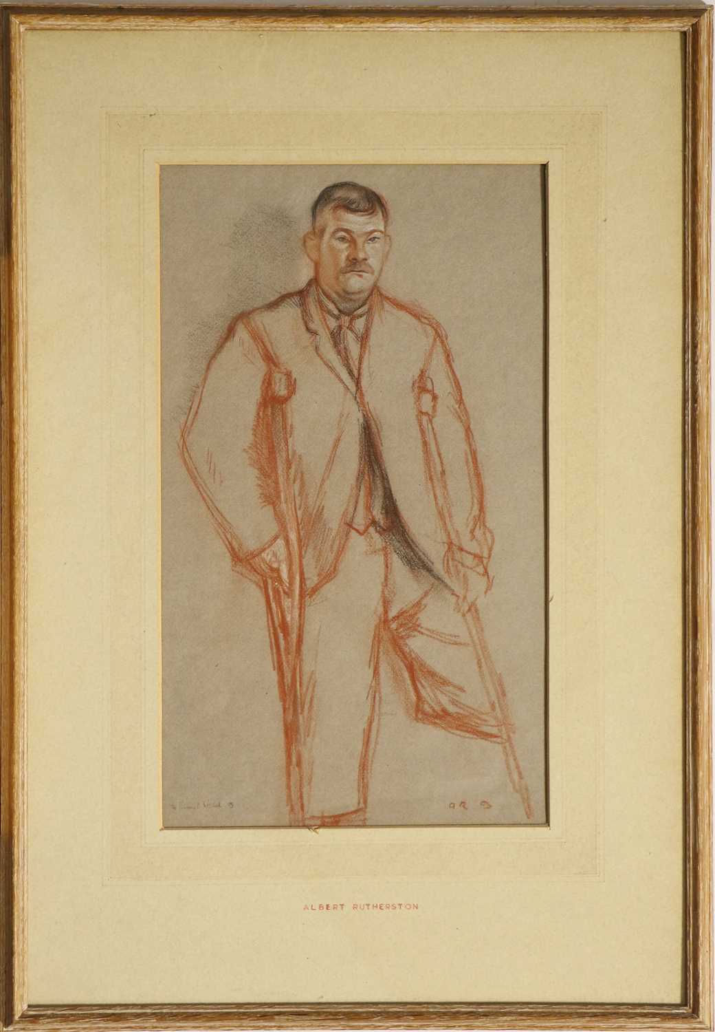 Albert Daniel Rutherston RWS (1881-1953) Portrait of a standing gentleman with crutches Initialled - Image 2 of 4