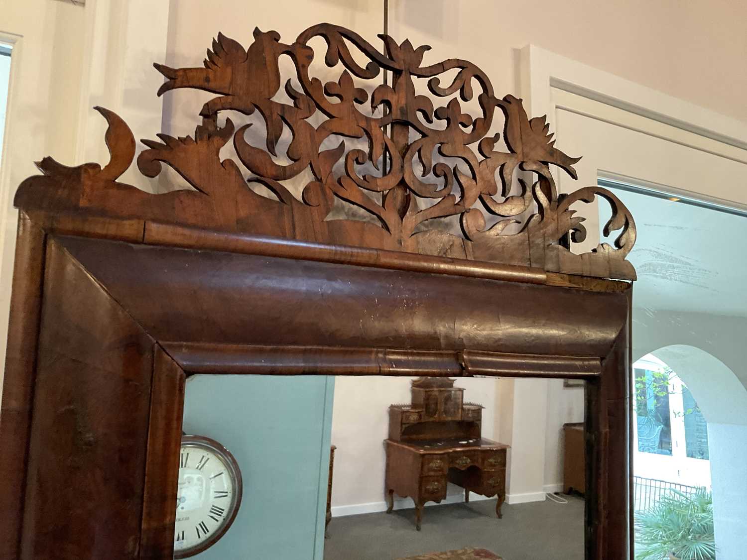 A William & Mary Walnut Cushion-Framed Wall Mirror, the later plain mirror plate within a moulded - Image 4 of 5