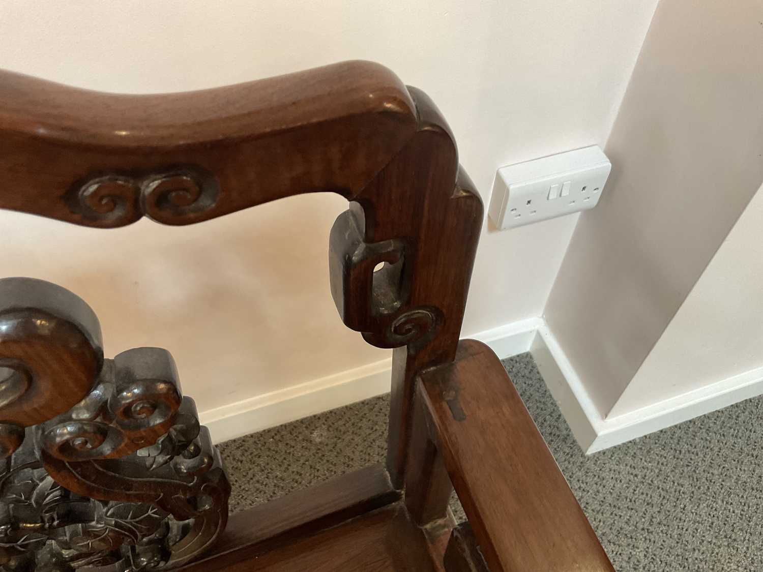 A Late 19th/Early 20th Century Carved Chinese Hardwood Open Armchair, with scrolled top rail above a - Image 4 of 11