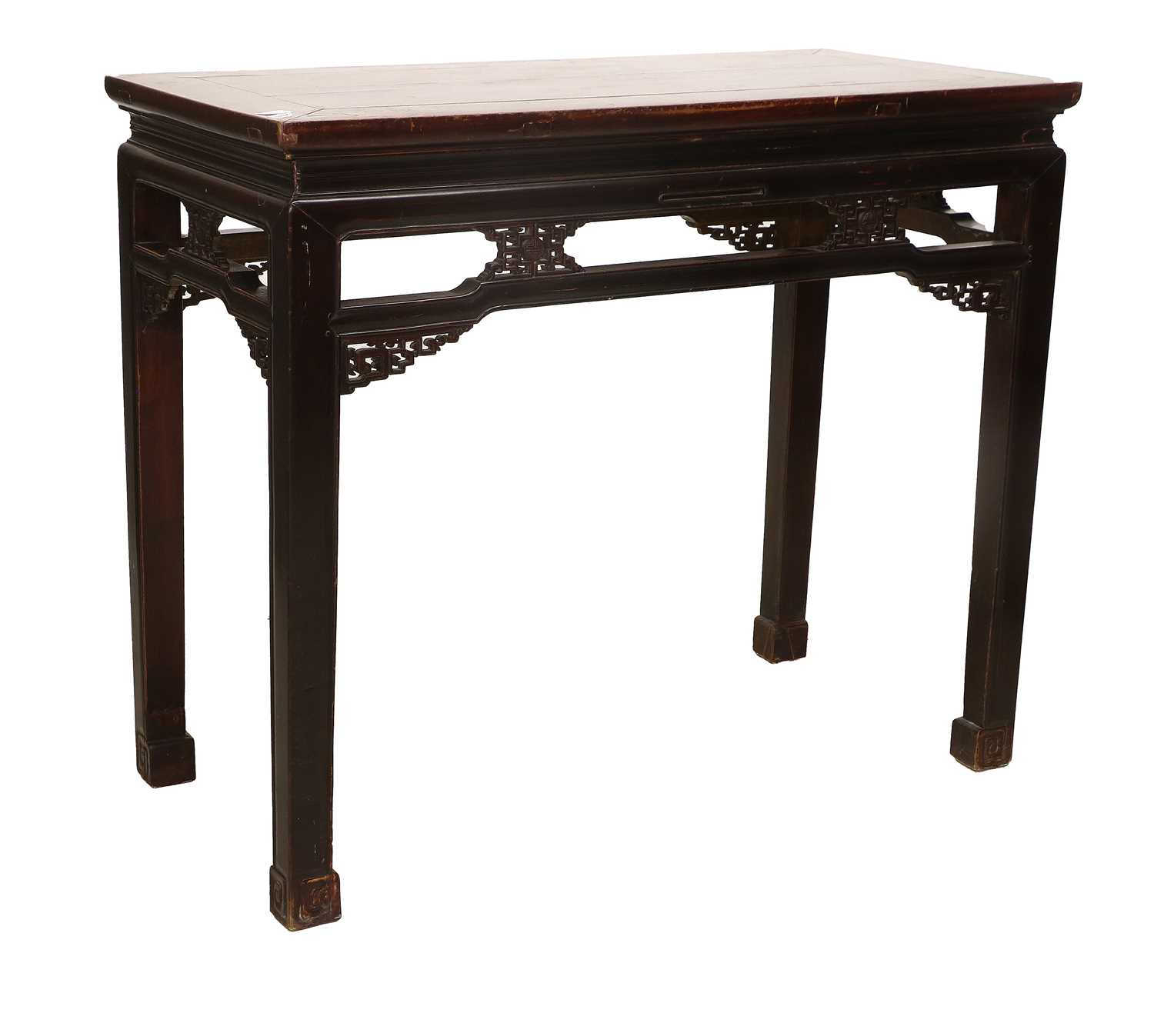 A Late 19th/Early 20th Century Chinese Hardwood Altar Table, the moulded top above humpback