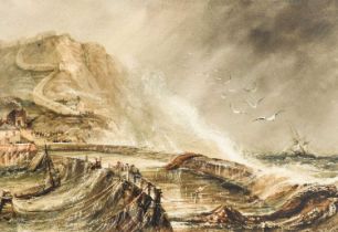 Henry Barlow Carter (1804-1868) "The Fish Pier, Scarborough in a Storm" Signed and dated 1853,