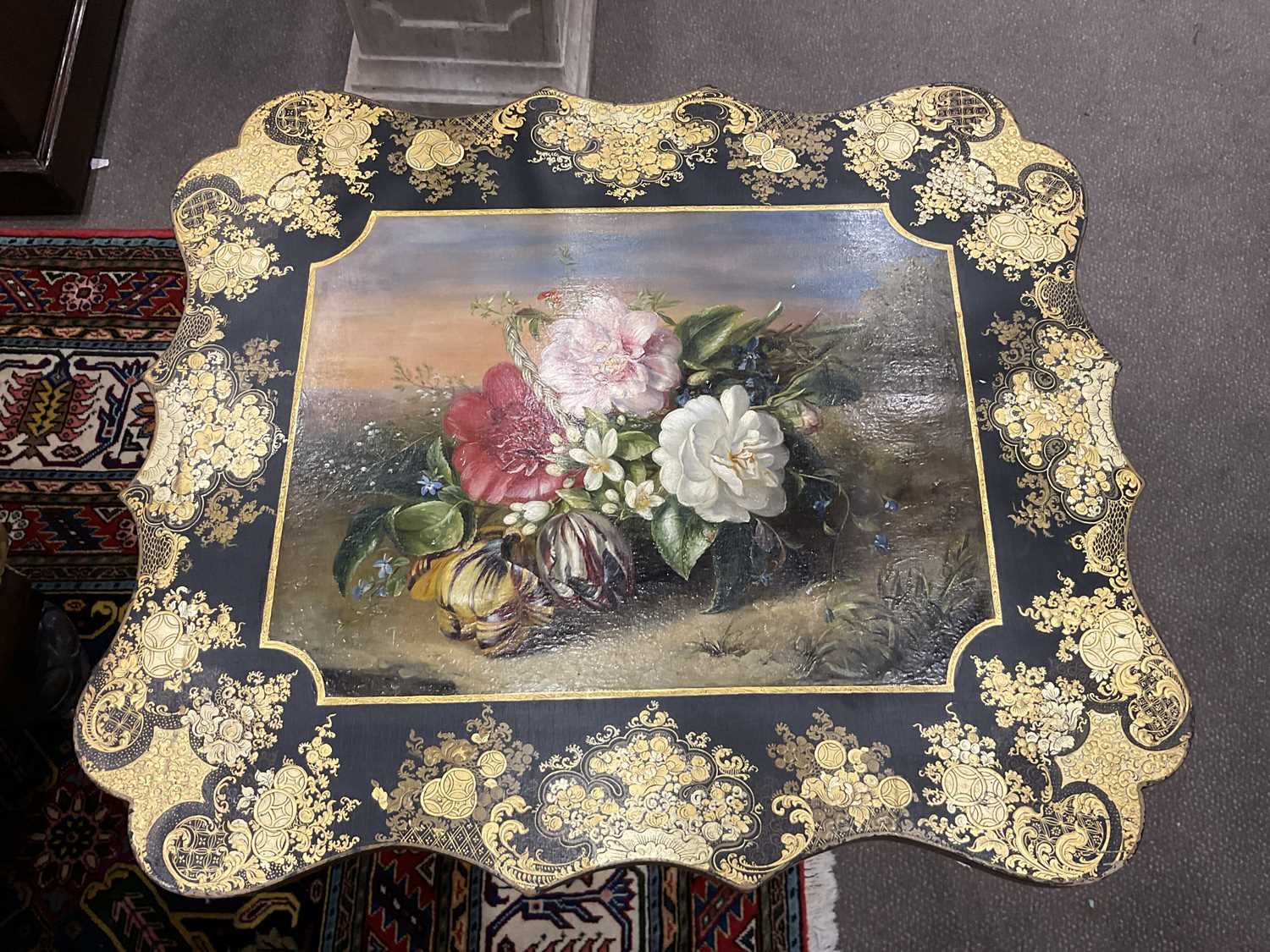 A Victorian Ebonised, Parcel-Gilt and Floral-Painted Tripod Table, 2nd half 19th century, the - Image 3 of 11