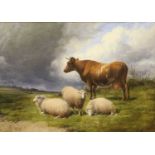 Follower of Thomas Sidney Cooper RA (1803-1902) Cow and sheep in a landscape Bears indistinct