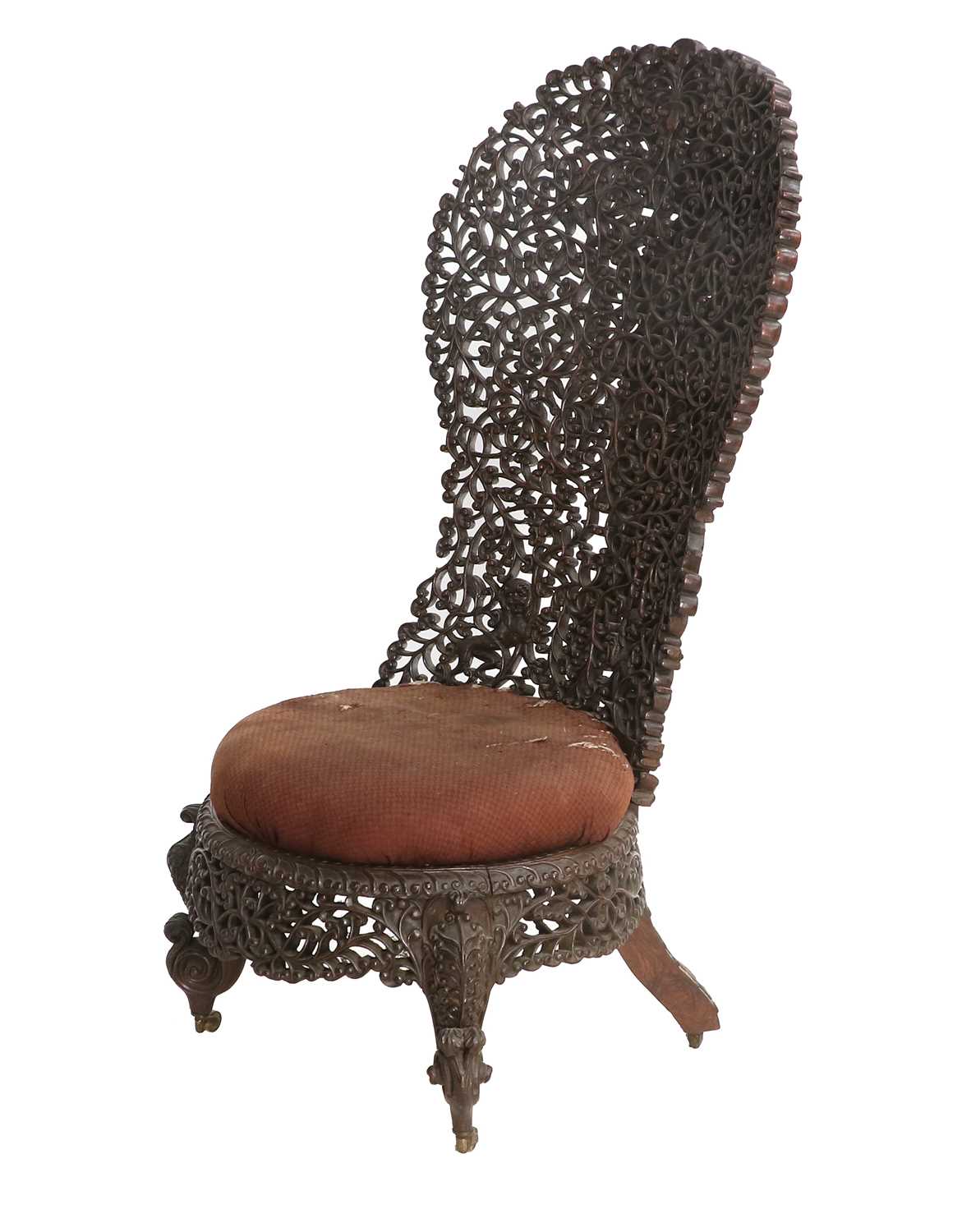 A Late 19th Century Anglo-Indian Bombay Slipper Shaped Chair, with foliate carved back support and - Image 2 of 7
