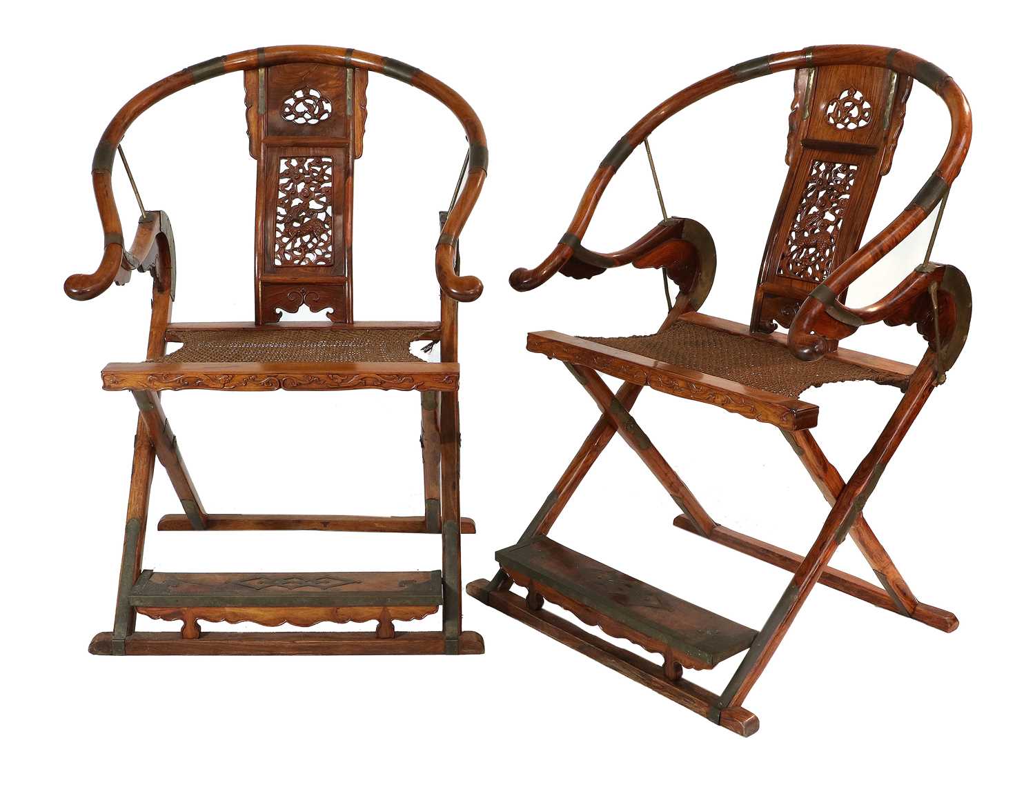 A Pair of 20th Century Chinese Hardwood Horseshoe-Back Folding Chairs, each with metal bands and