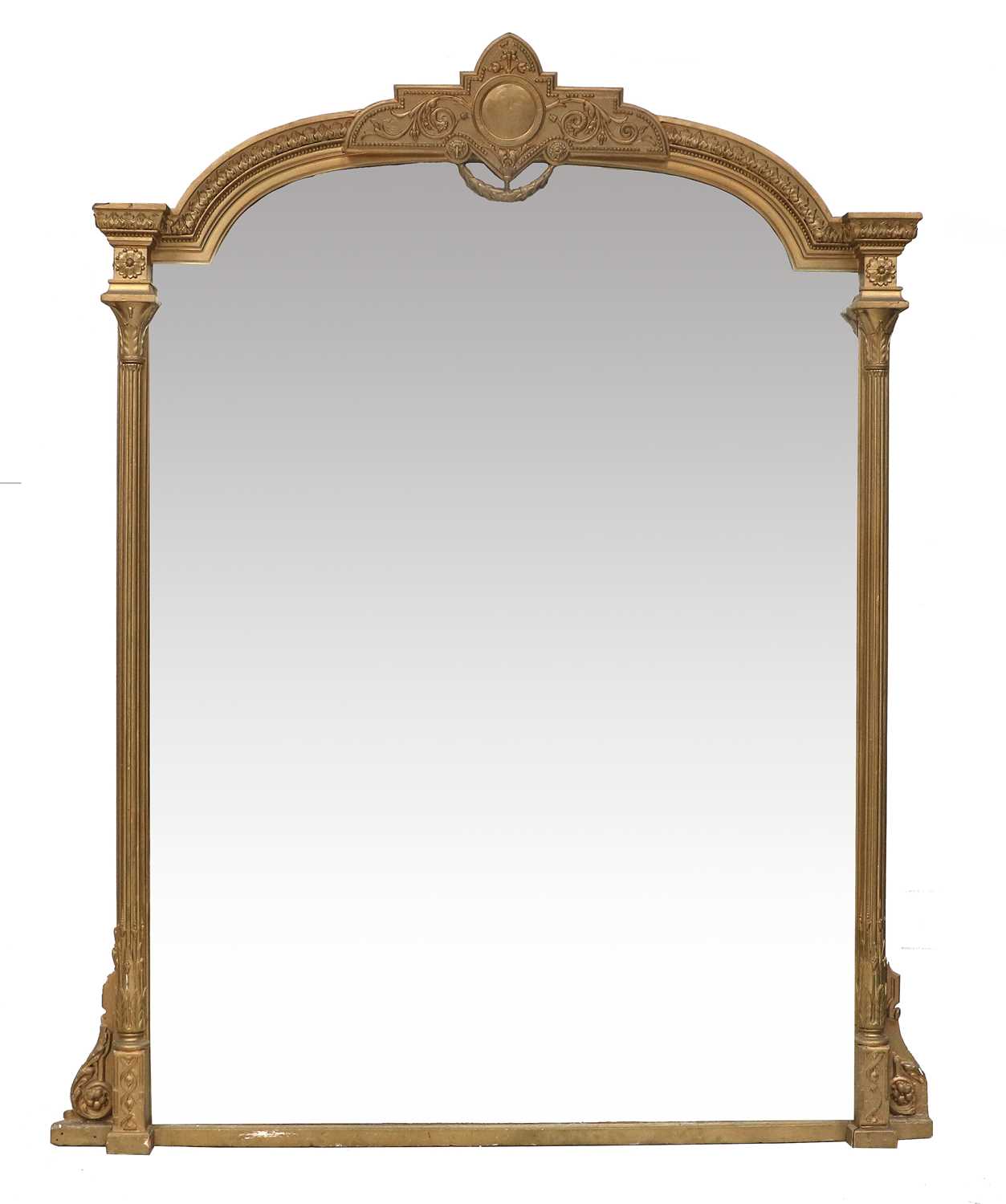 A Victorian Gilt and Gesso Overmantel Mirror, circa 1870, the plain mirror plate between column