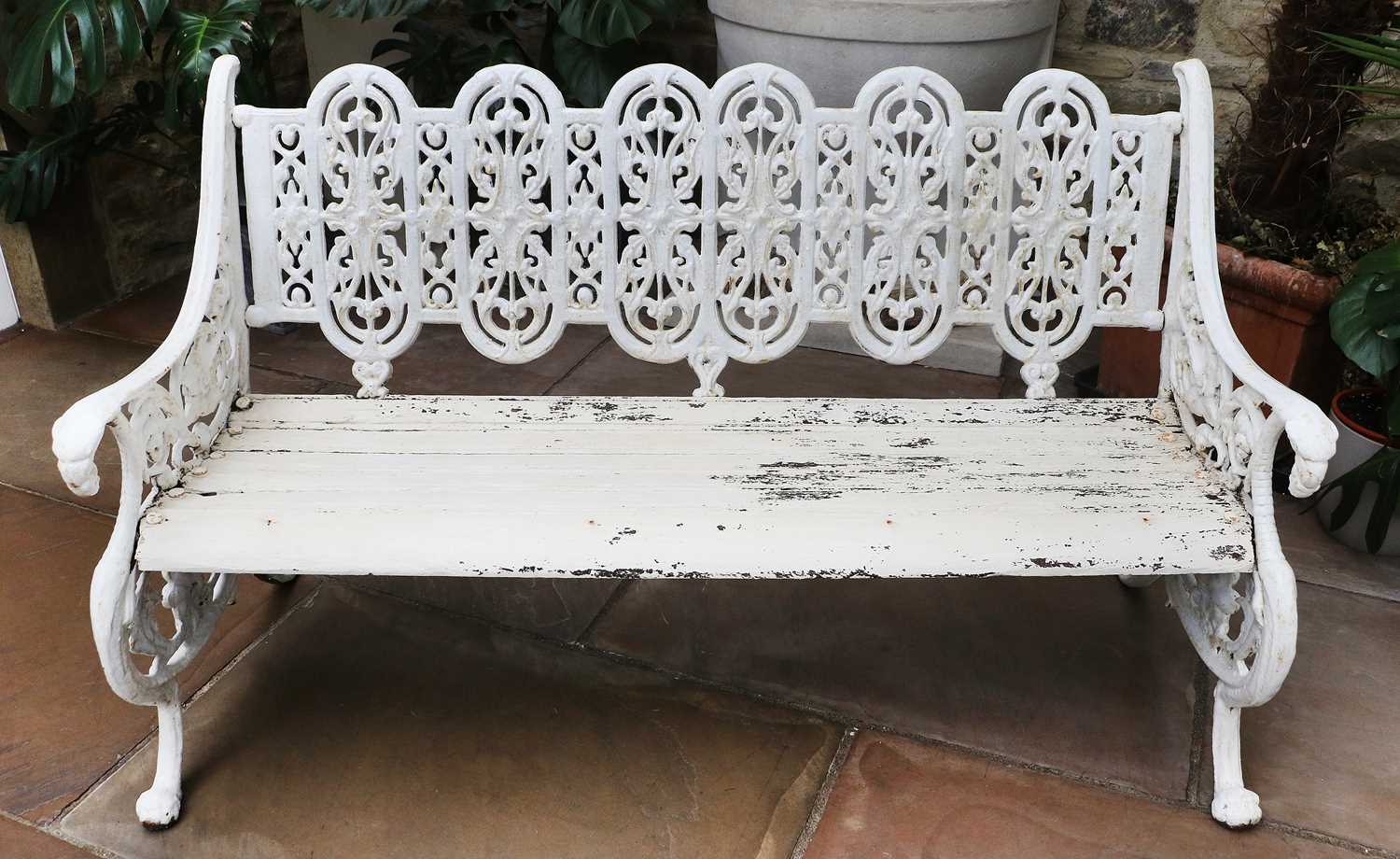 A Victorian Cast Iron and Later Painted Three Piece Garden Set, late 19th century, the foliate - Image 4 of 4