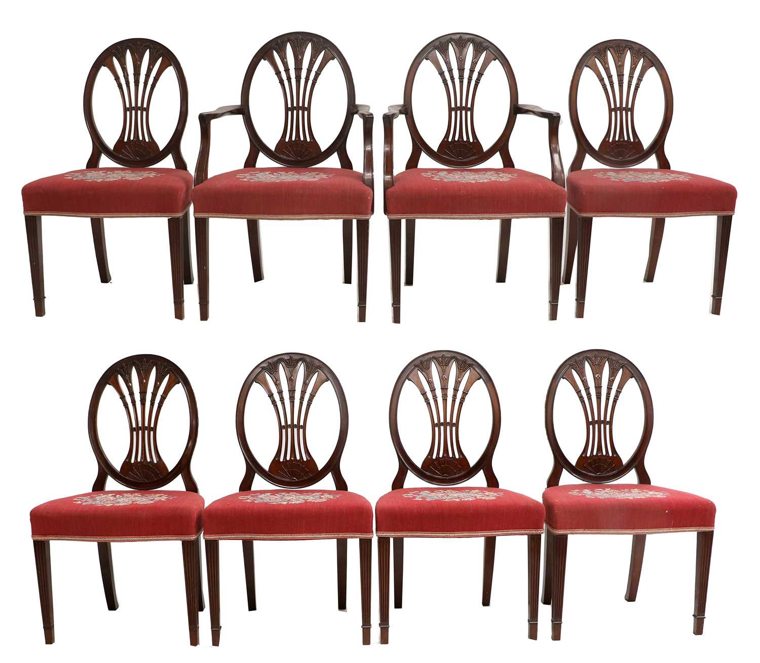 A Set of Eight (6+2) Carved Mahogany Hepplewhite-Style Dining Chairs, late 19th/early 20th