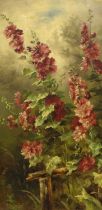C*E* (late 19th century) A study of crimson Hollyhocks in bloom Initialled and dated 1898, oil on