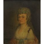 British School (Early 19th Century) Portrait of a lady, half-length seated, wearing blue ribbons