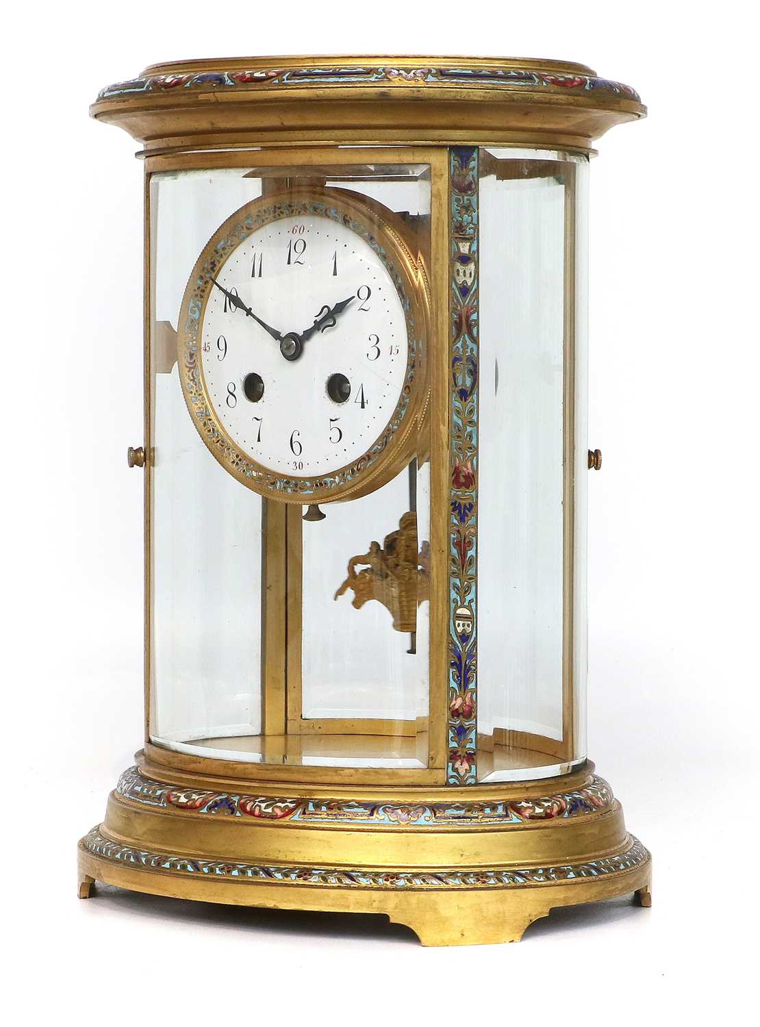 A French Oval Shaped Brass and Champleve Enamel Striking Mantel Clock, circa 1900, oval shaped - Image 2 of 6