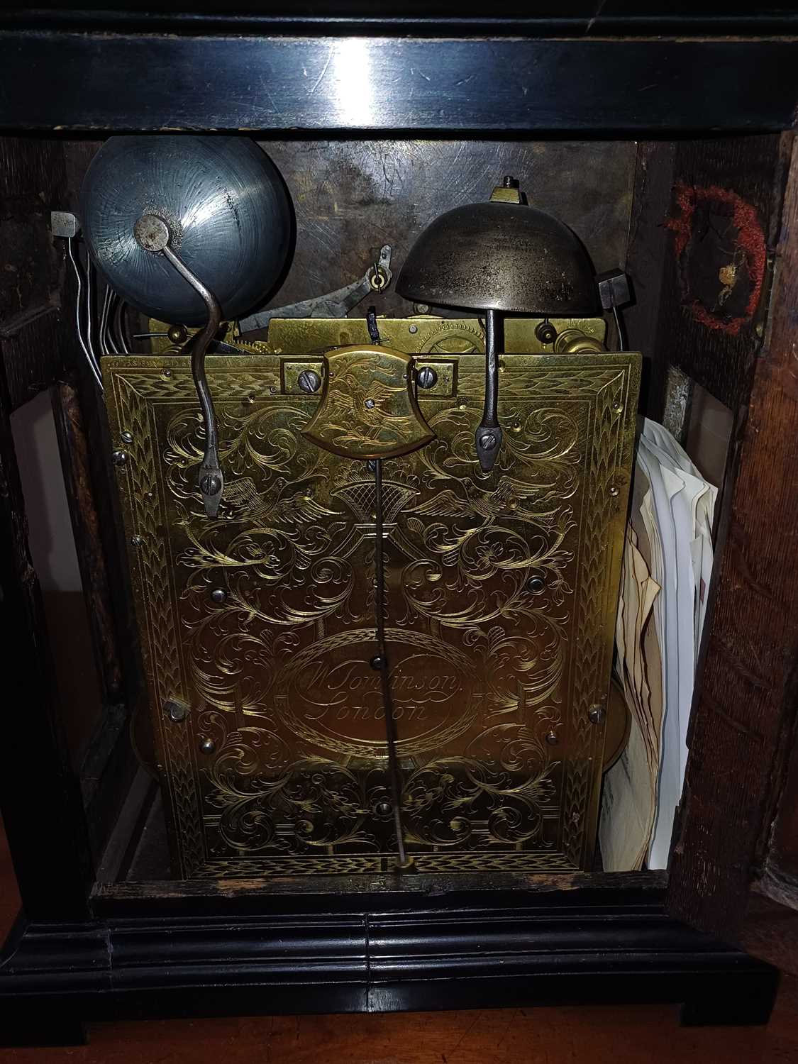 An Ebonised Chiming Table Clock, signed W Tomlinson, London, early 18th century, inverted bell top - Image 25 of 25