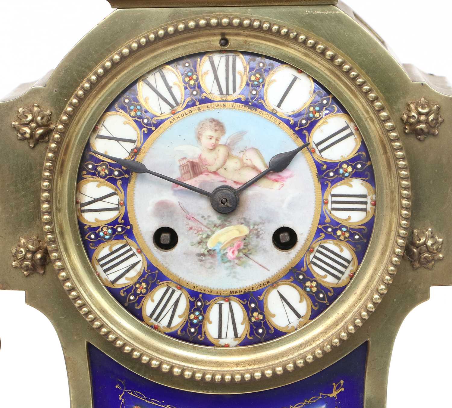 A French Gilt Metal and Blue Porcelain Mounted Striking Mantel Clock, retailed by Arnold & Lewis, - Image 3 of 6