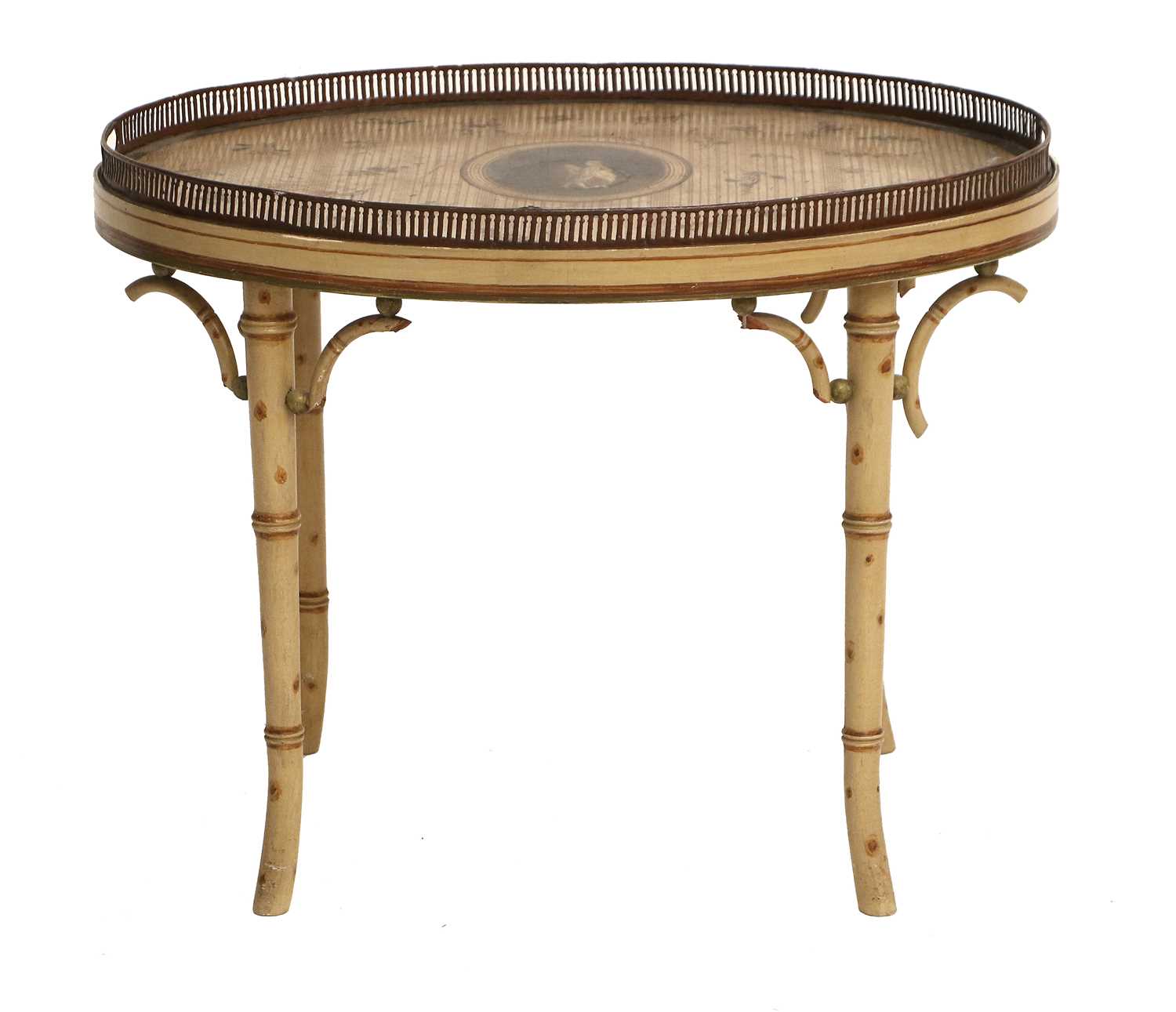 A Regency-Style Cream-Painted Oval Side Table, the toleware tray top with a pierced gallery, the