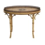A Regency-Style Cream-Painted Oval Side Table, the toleware tray top with a pierced gallery, the