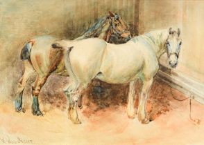 William Woodhouse (1857-1939) Bay and grey horse standing in a stable Signed, pencil and